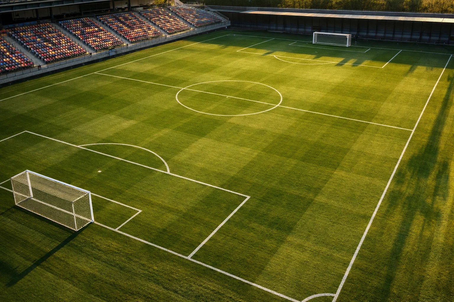 Vista cenital de un campo de fútbol profesional con césped natural antes del inicio del encuentro