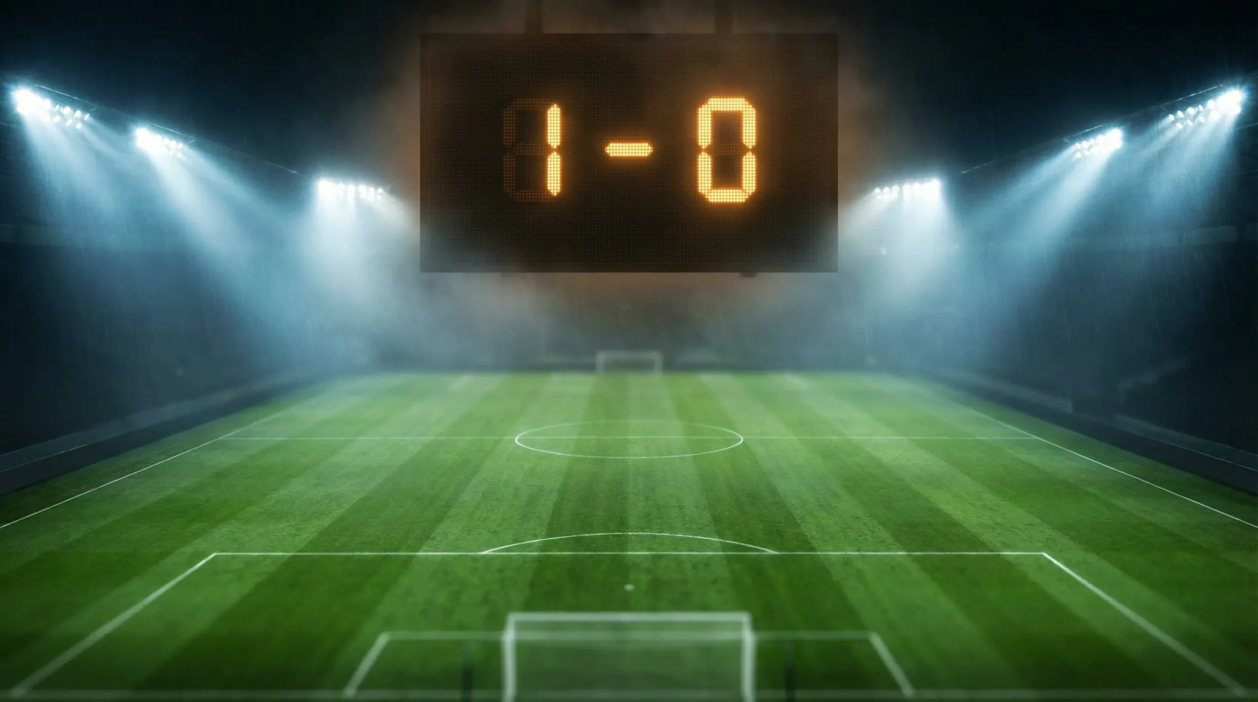 Marcador luminoso de estadio de fútbol mostrando un resultado con el campo verde iluminado de fondo