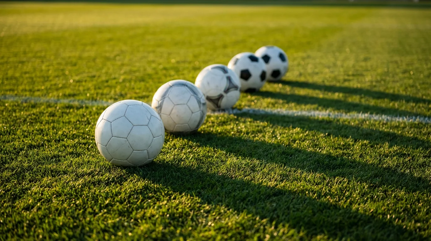 Varios balones de fútbol alineados sobre césped verde representando múltiples partidos