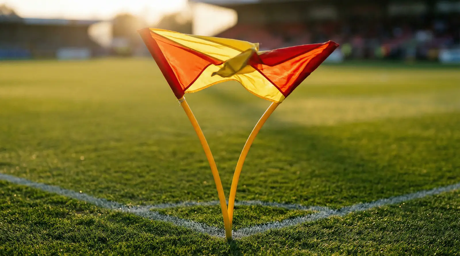 Banderín de córner de fútbol ondeando en la esquina de un campo de césped verde