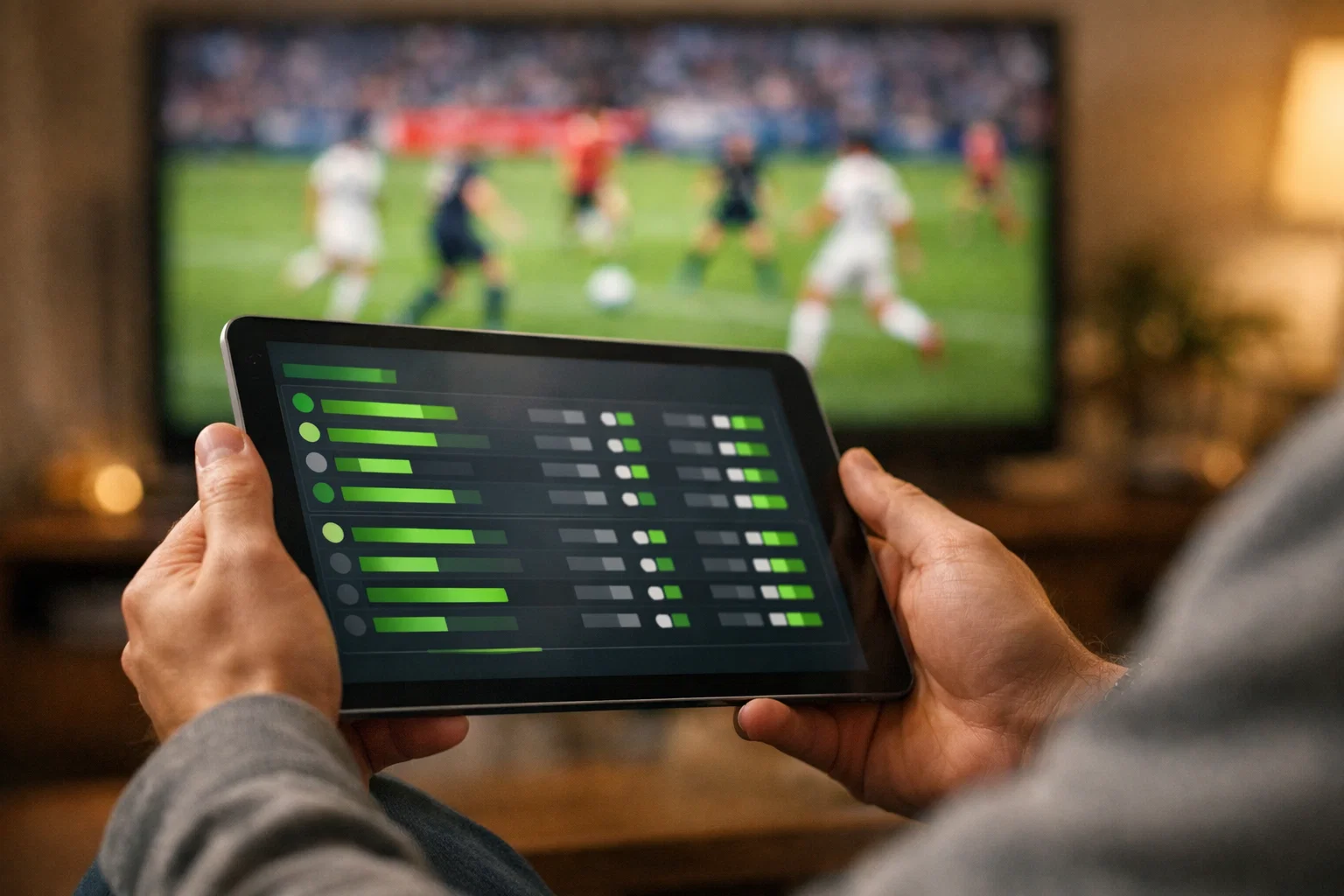 Persona siguiendo un partido de fútbol en vivo desde una tablet con datos estadísticos en pantalla