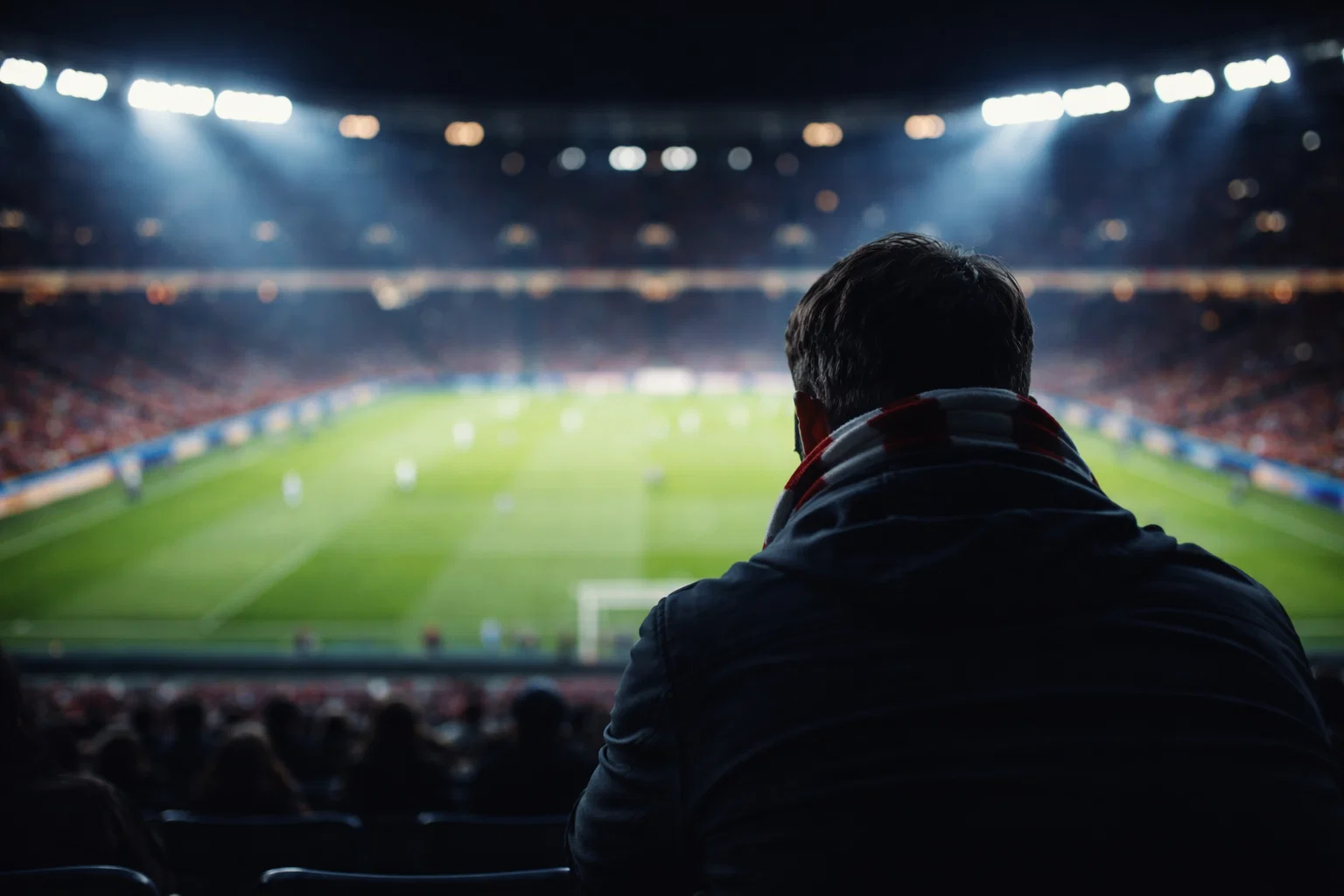 Apuestas en directo en fútbol: aficionado en la grada de un estadio iluminado siguiendo el partido