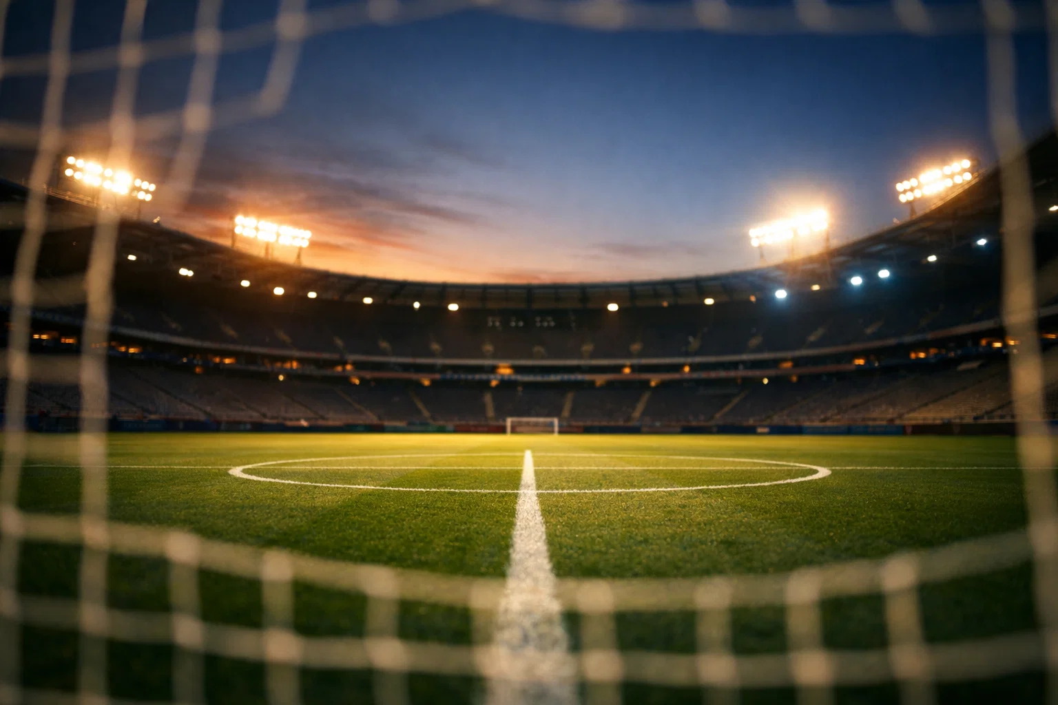 Guía de apuestas de fútbol: campo de fútbol profesional iluminado antes de un partido nocturno