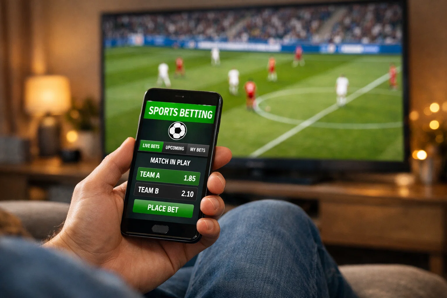Persona usando una app de apuestas en su móvil mientras ve un partido de fútbol en televisión