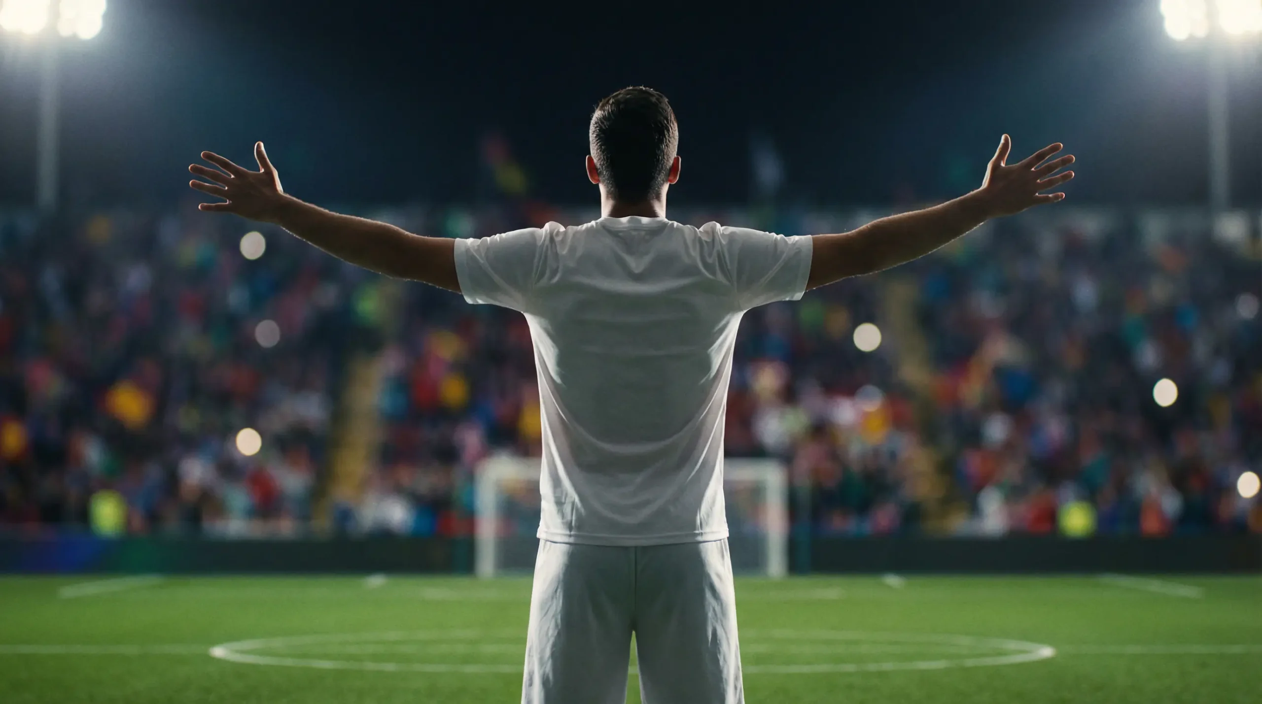 Jugador de fútbol celebrando un gol con los brazos abiertos en un estadio iluminado