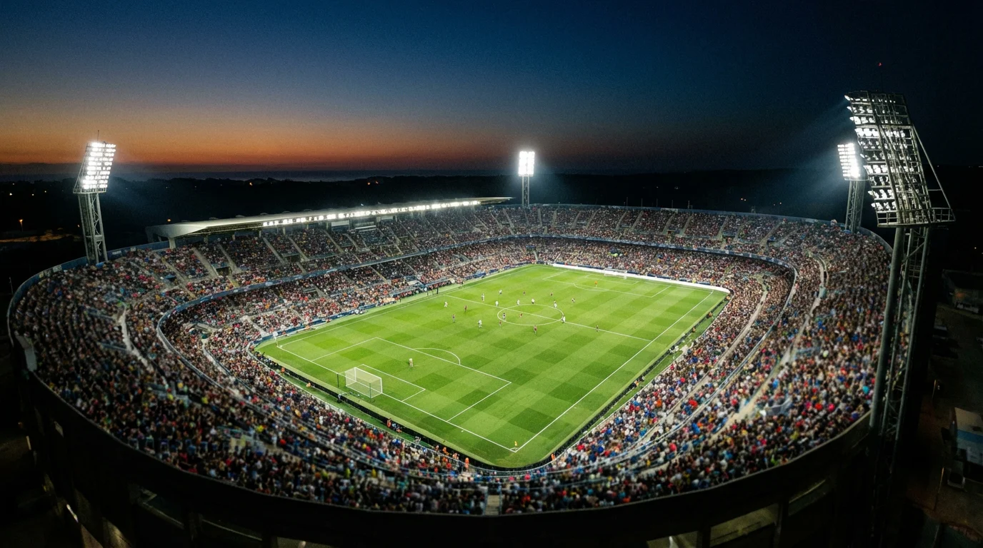 Vista panorámica de un estadio de fútbol español iluminado durante un partido nocturno