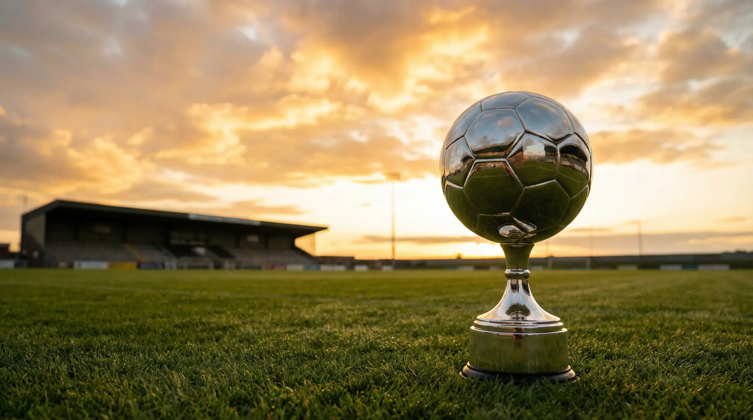 Trofeo de liga de fútbol sobre césped con horizonte de temporada al fondo