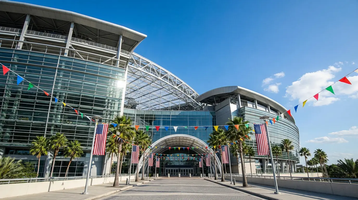 Estadio de fútbol moderno norteamericano preparado para un gran torneo internacional bajo cielo azul