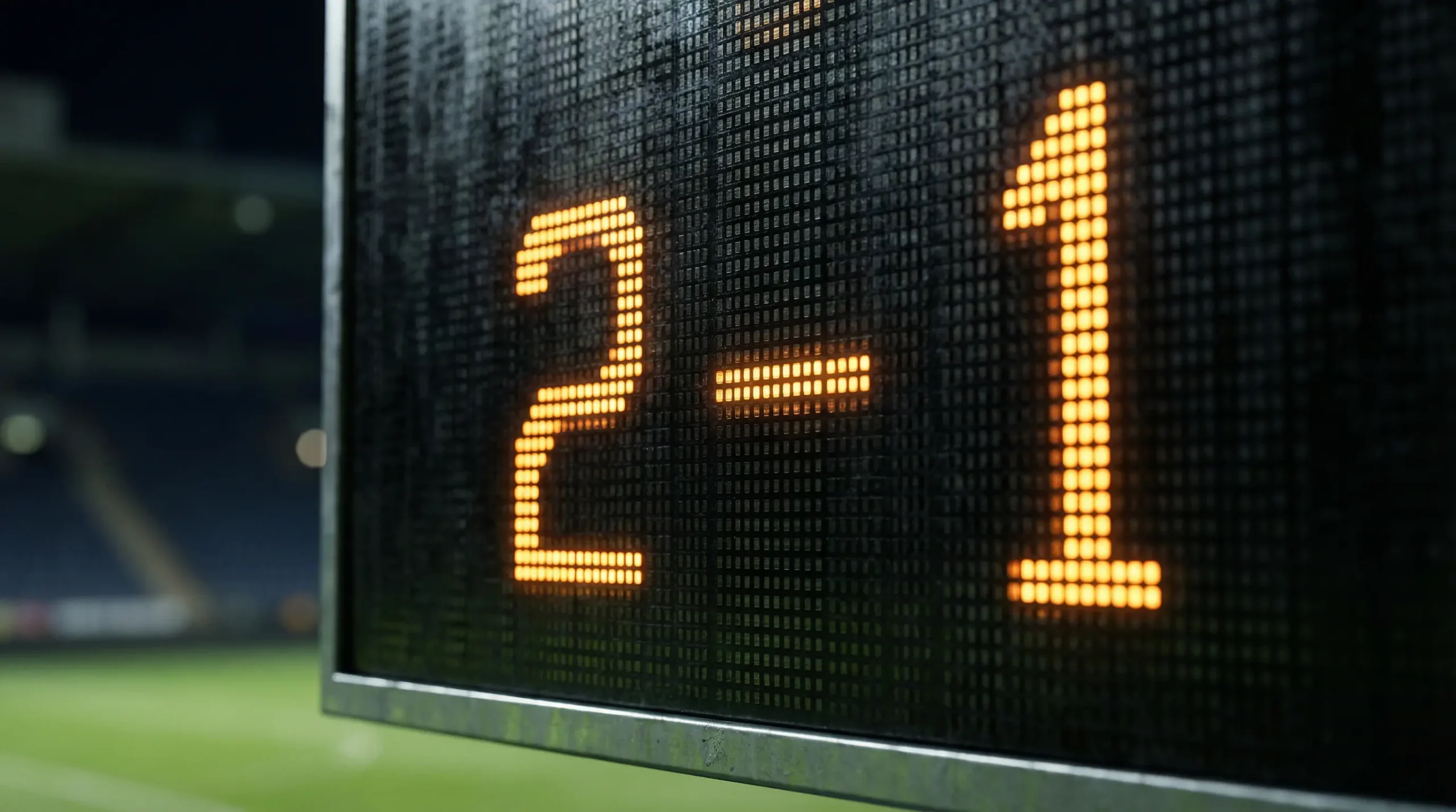 Primer plano de un marcador electrónico de estadio de fútbol mostrando números con luces LED