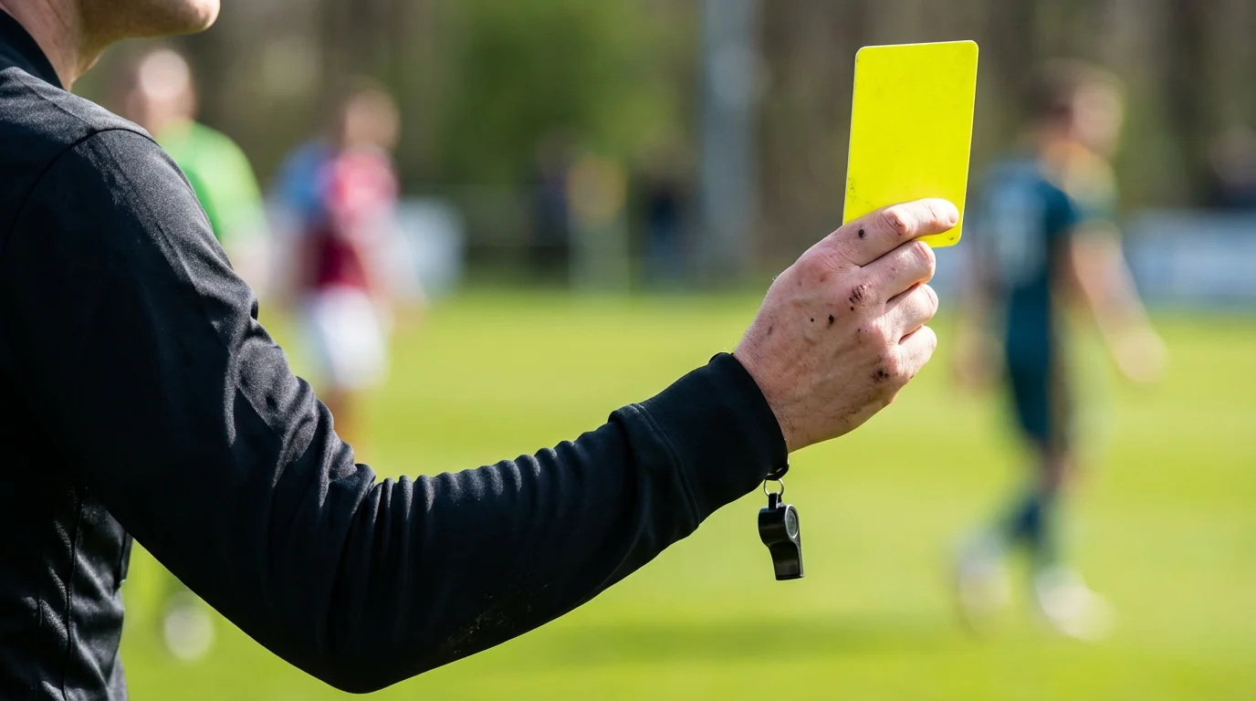 Mano de árbitro de fútbol mostrando una tarjeta amarilla en primer plano con el campo de fondo