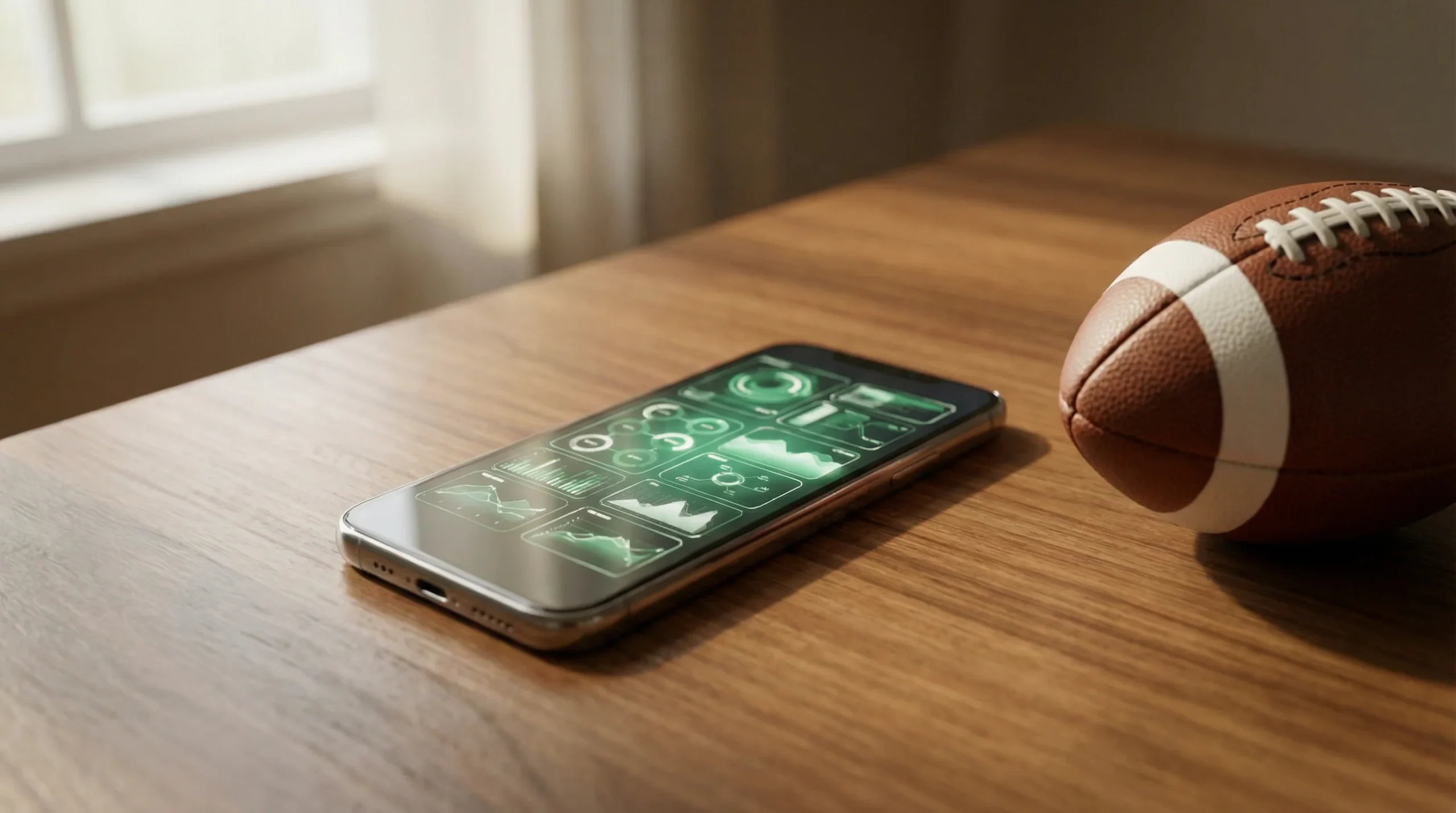 Smartphone moderno mostrando una pantalla de aplicación deportiva sobre un escritorio junto a un balón de fútbol