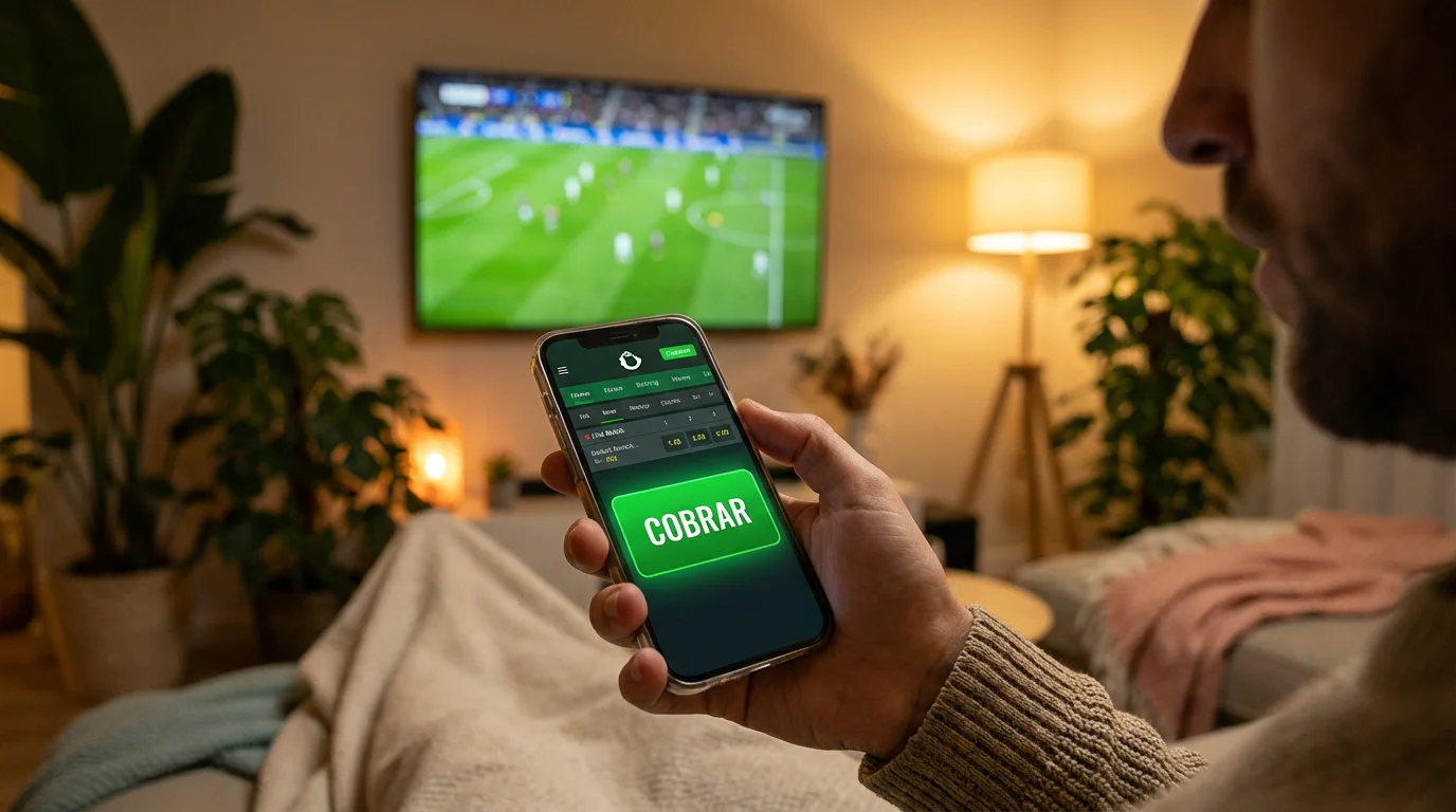 Mano pulsando un botón de cobro en un móvil durante un partido de fútbol