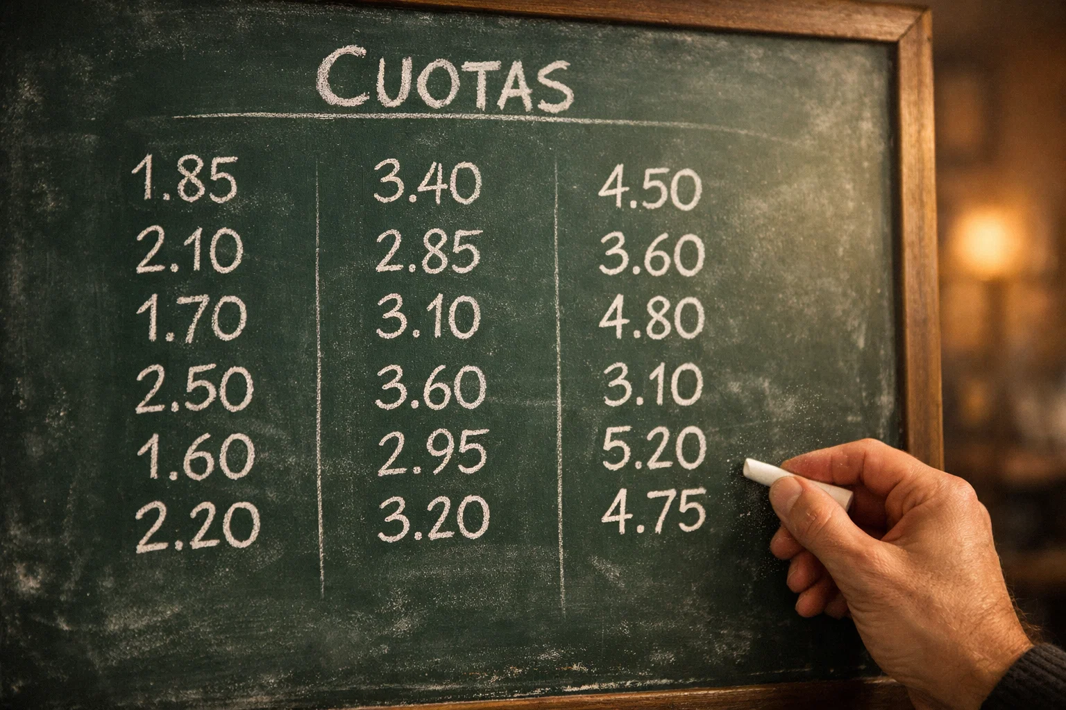 Cuotas de fútbol: pizarra con cifras de cuotas decimales junto a un campo de fútbol