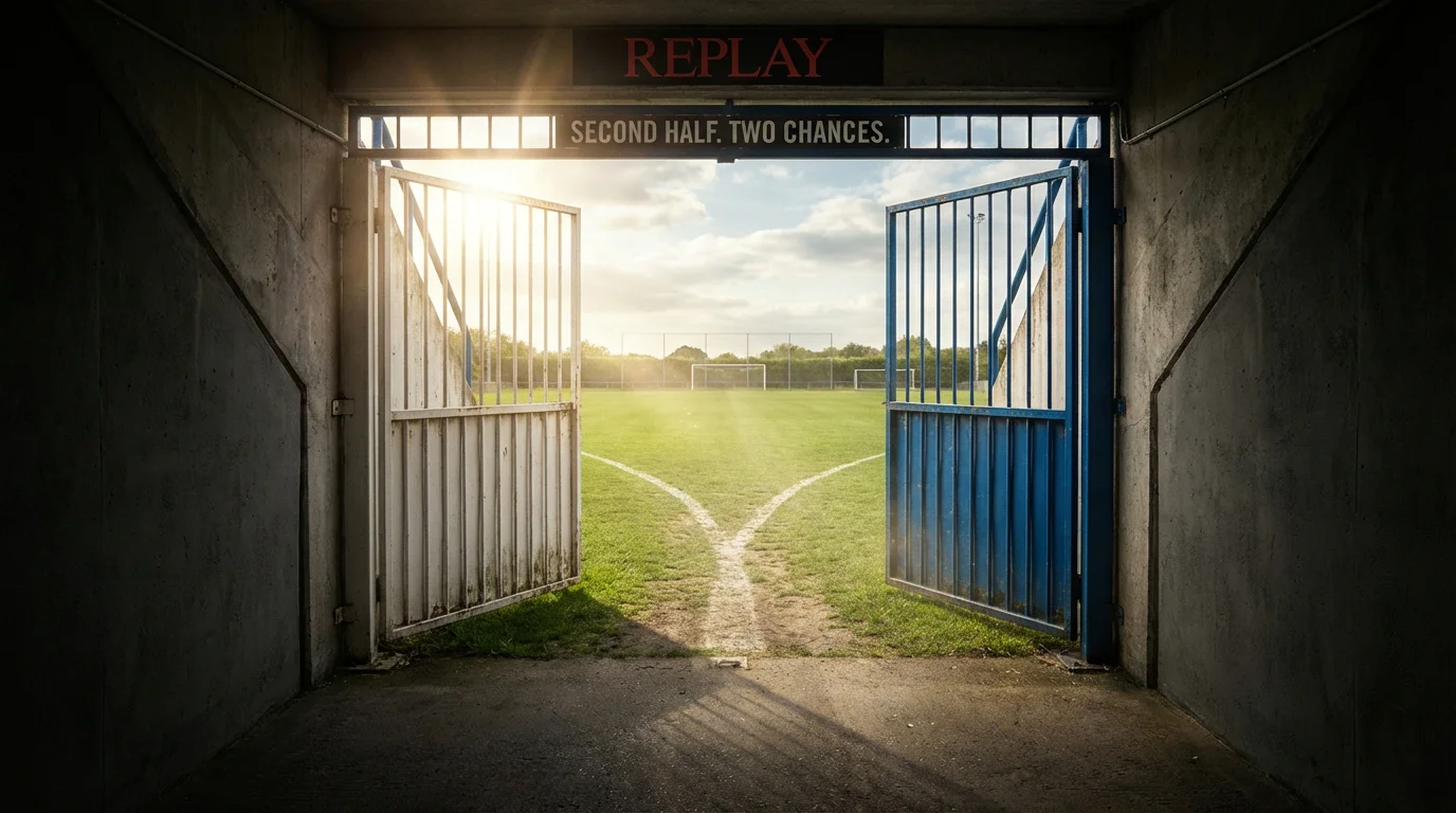 Dos puertas abiertas en un estadio de fútbol simbolizando la doble oportunidad