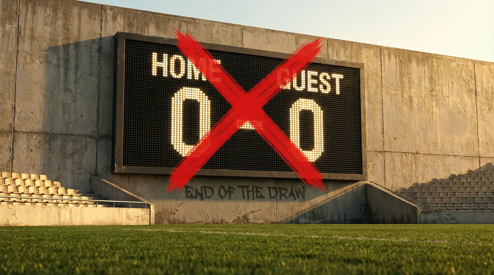 Campo de fútbol con marcador de empate tachado representando el Draw No Bet