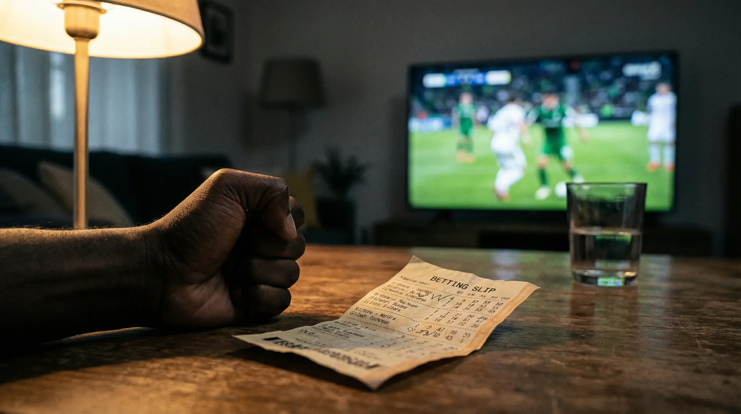Apostador frustrado frente a un boleto de apuestas perdido junto a un campo de fútbol