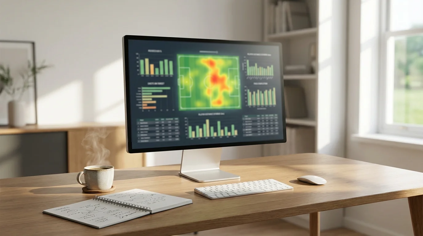 Pantalla de ordenador con estadísticas de fútbol y datos de rendimiento de equipos