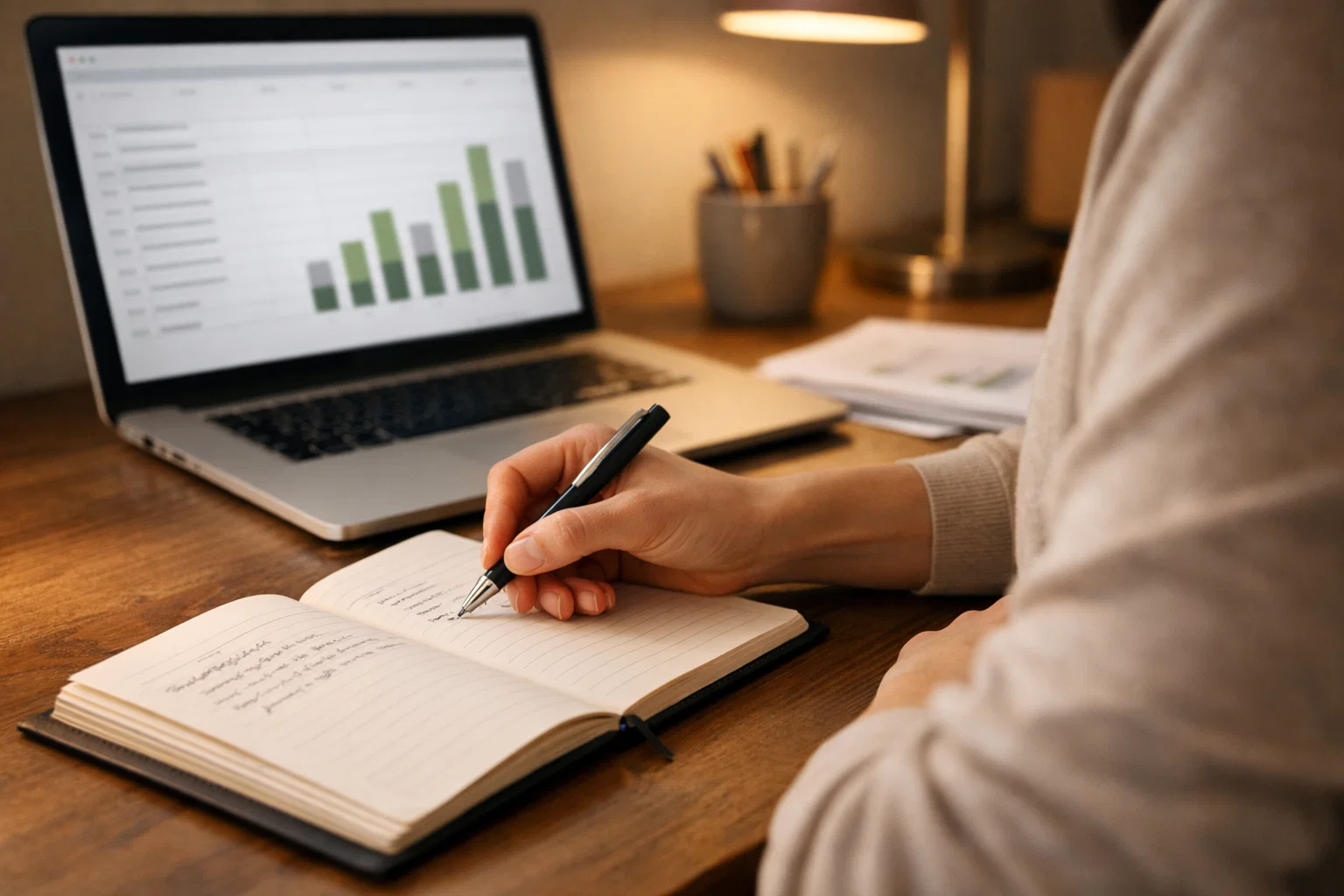 Persona analizando estadísticas de fútbol en un escritorio con notas y gráficos de rendimiento