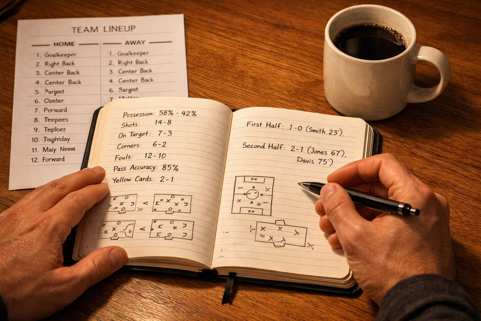 Estrategias para apostar en fútbol: persona analizando estadísticas de un partido con libreta y bolígrafo