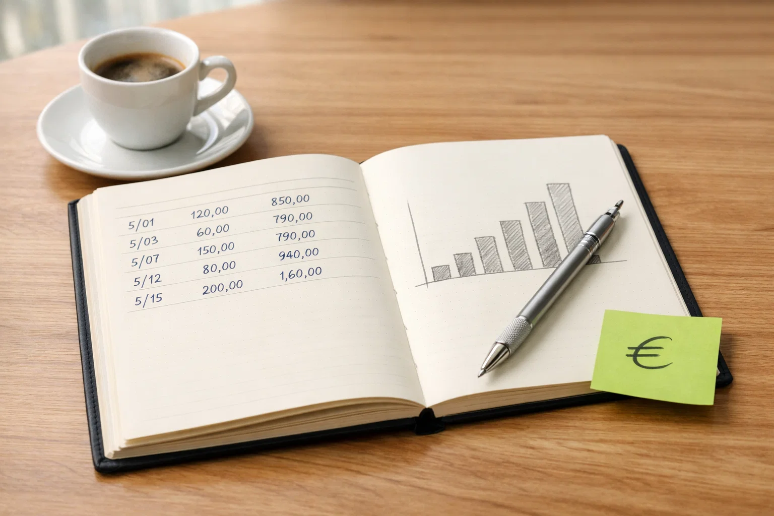 Gestión del bankroll en apuestas de fútbol: libreta abierta con columnas de cifras y un bolígrafo sobre un escritorio