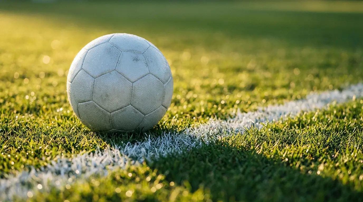 Balón de fútbol sobre el césped junto a la línea blanca del campo visto en primer plano