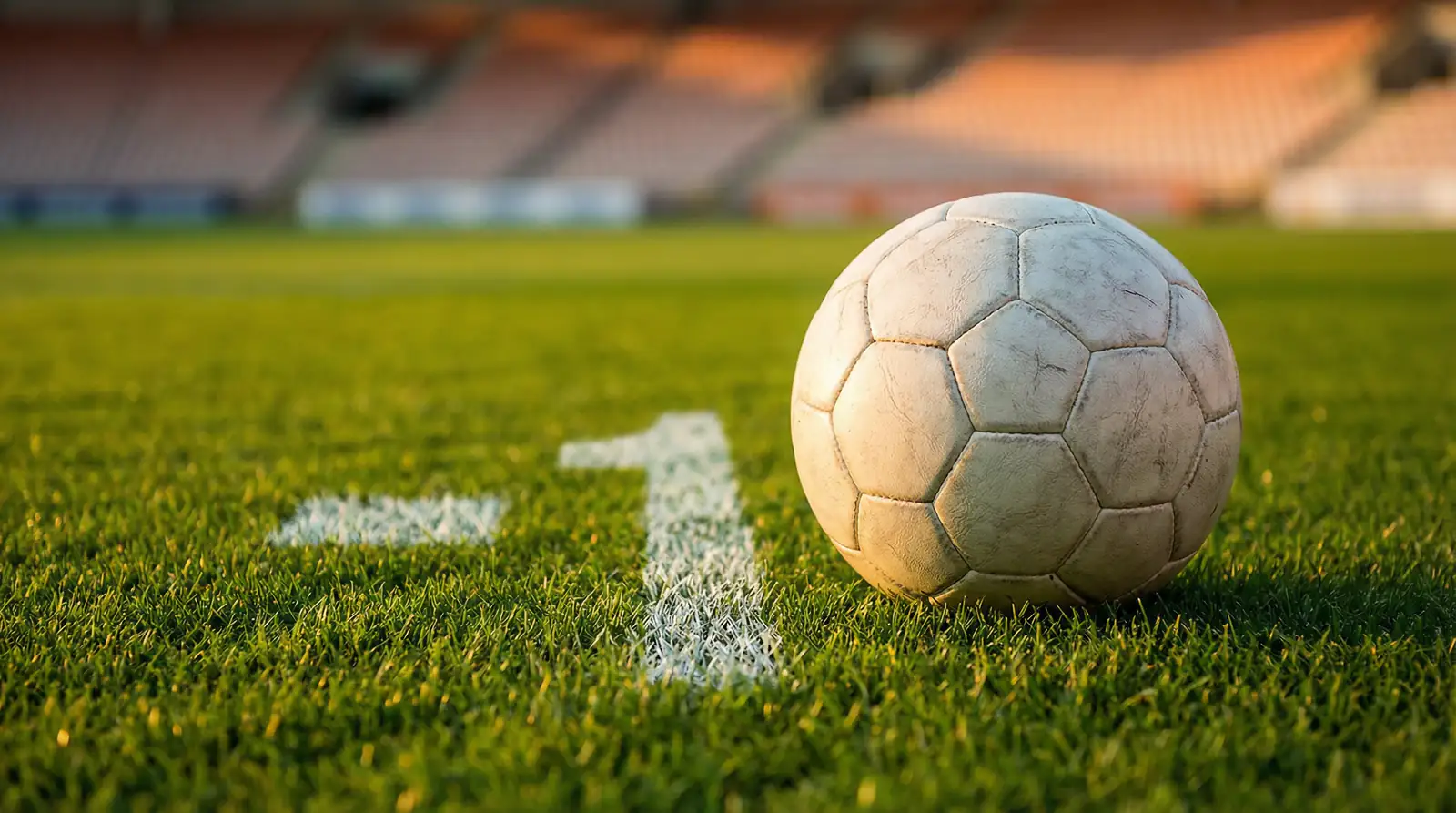 Balón de fútbol sobre césped con marcador de ventaja representando el hándicap europeo