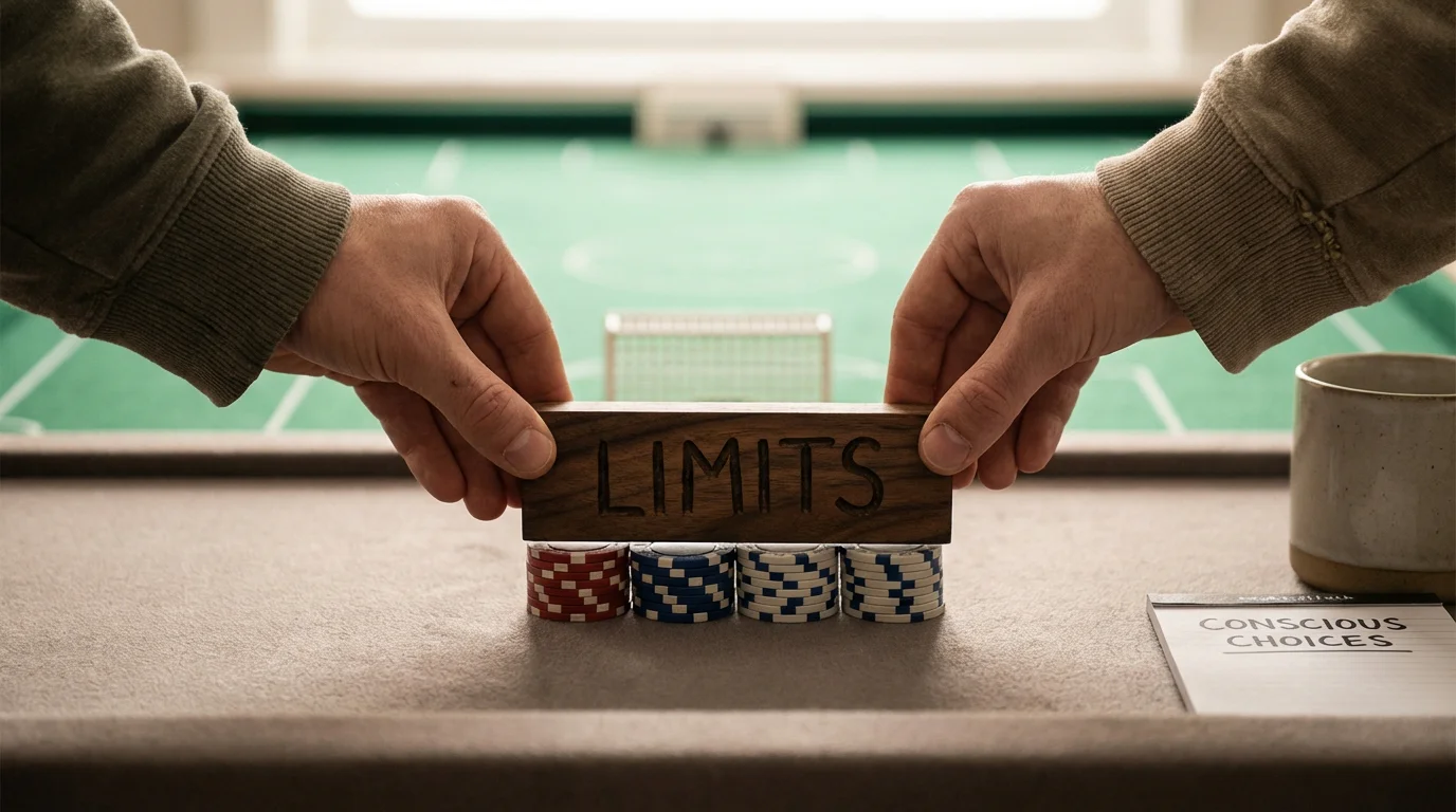 Manos colocando un límite sobre fichas de apuestas junto a un campo de fútbol verde