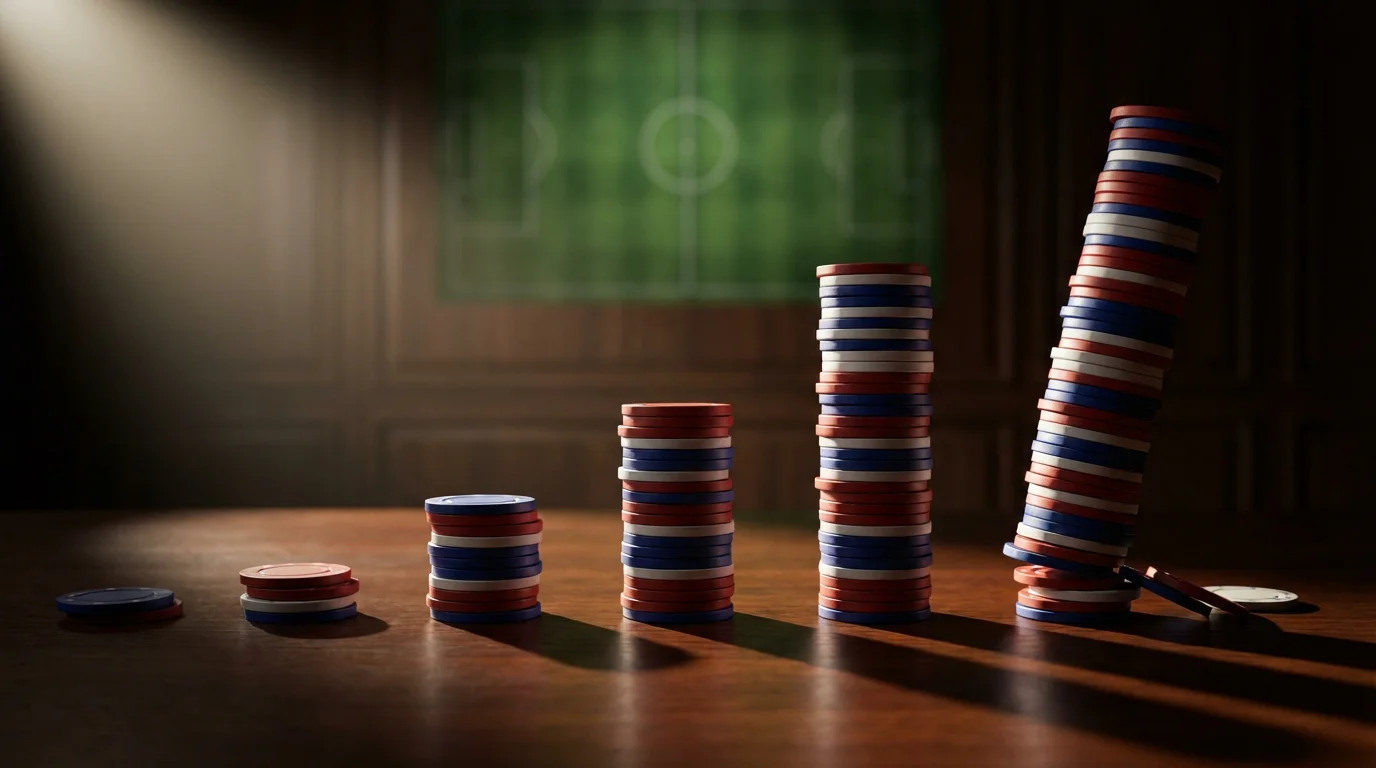 Fichas de apuestas apiladas en progresión creciente representando la Martingala