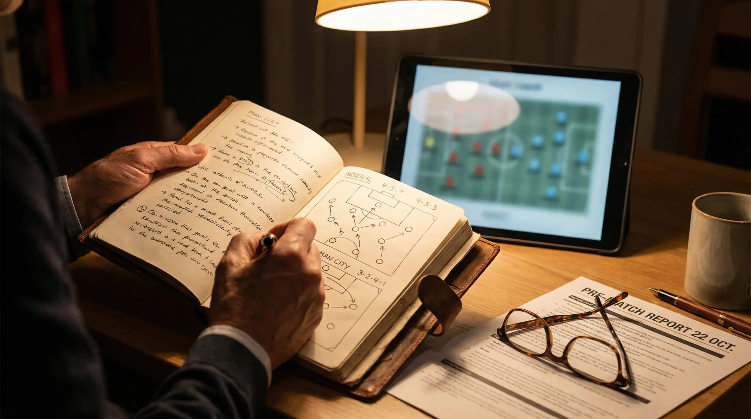 Analista deportivo estudiando alineaciones y datos de equipos de fútbol en un cuaderno