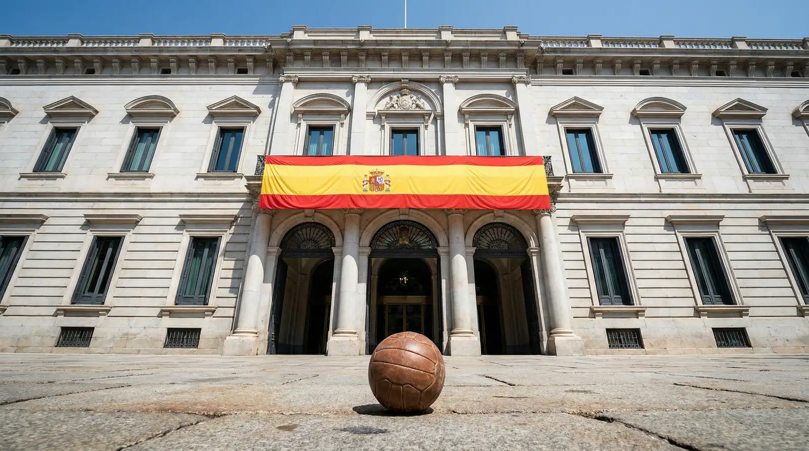 Edificio institucional español con símbolo de escudo y balón de fútbol representando la regulación DGOJ